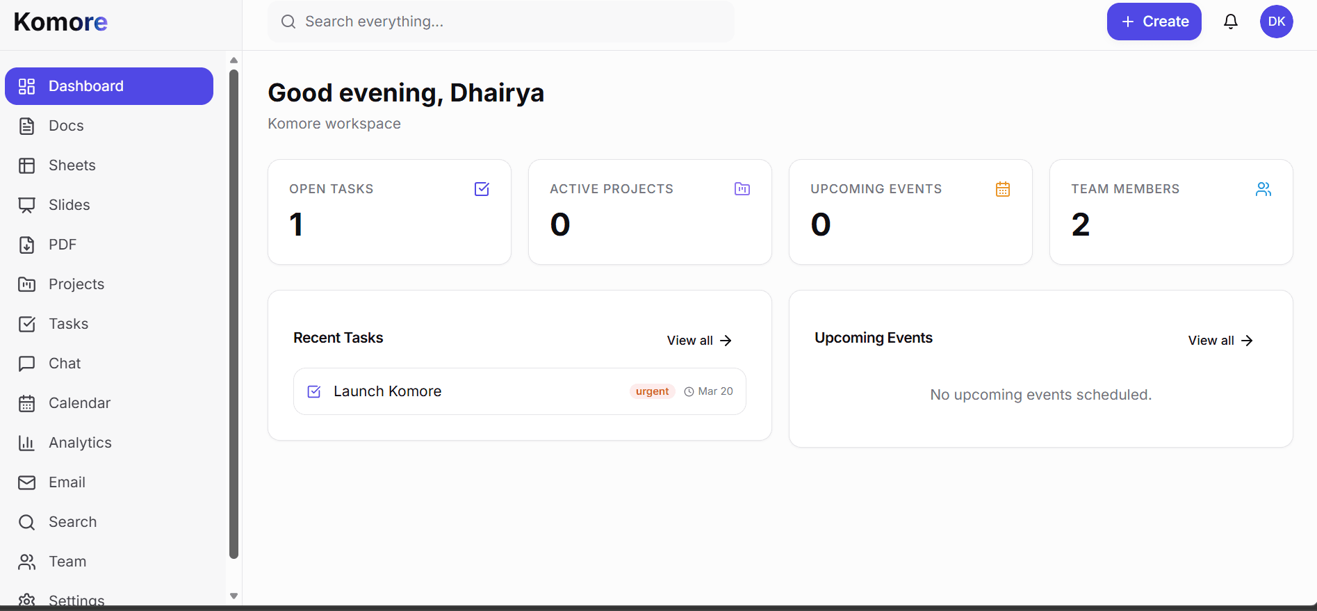 Komore workspace screenshot